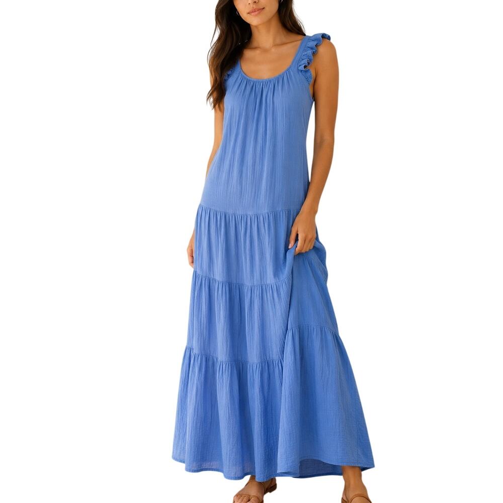 Caslon Tiered Maxi Dress Blue Ruffle Sleeve Boho Cotton Gauze -  Summer